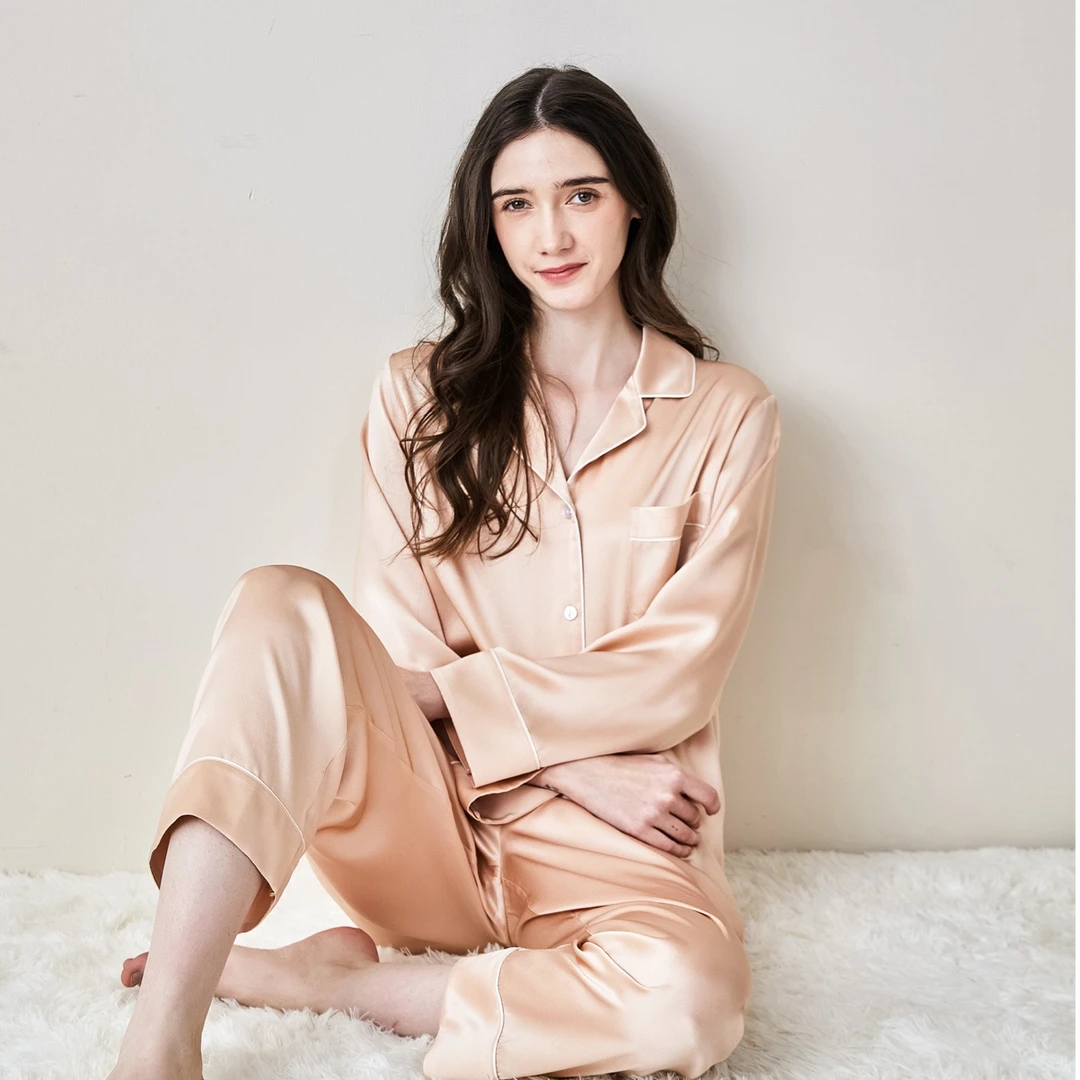 时尚简约100桑蚕丝长袖长裤套装情侣款女款睡衣女款爆款真丝睡衣