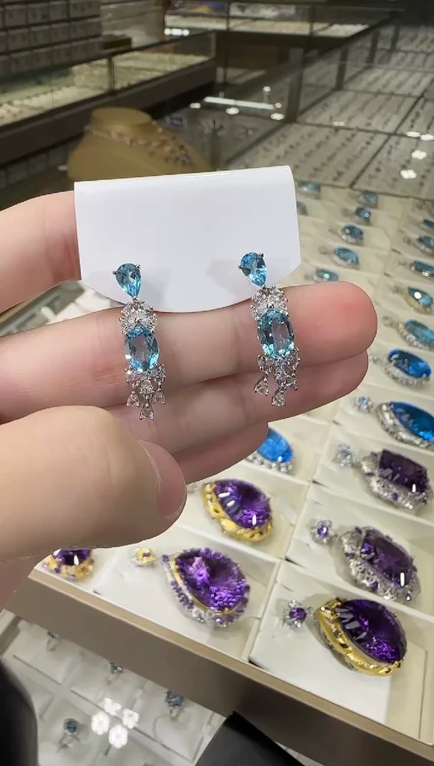 银S925镶嵌托帕石耳饰耳坠妖姬蓝9*7mm设计款
