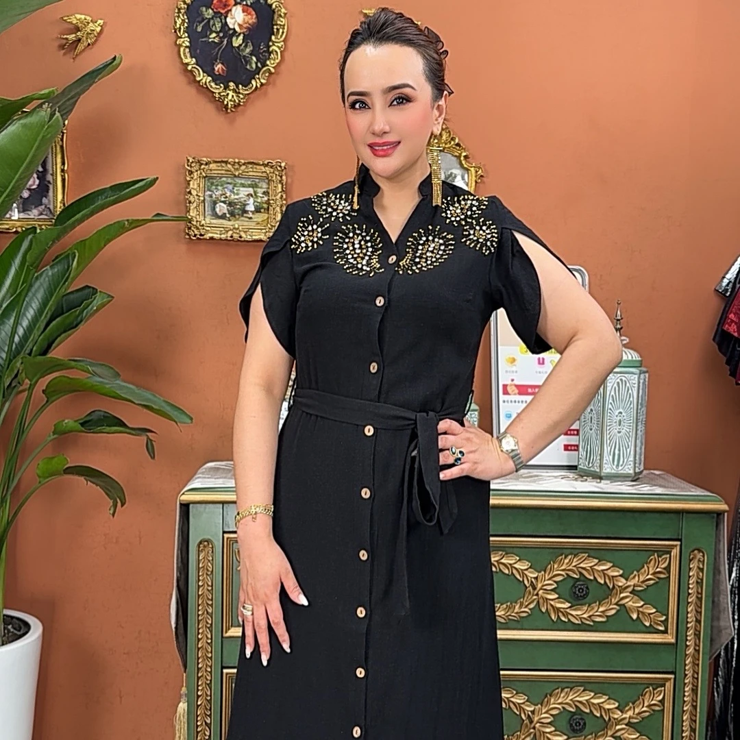 【古丽专属】2025最新款裙子显瘦夏季时尚复古宽松带腰带修身国风