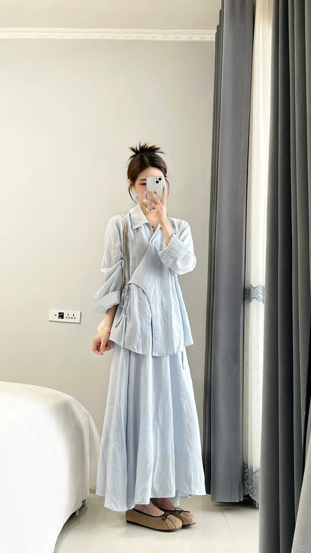 B291春夏新款蓝色收腰系带衬衫半裙套装女清纯系高级感通勤两件套
