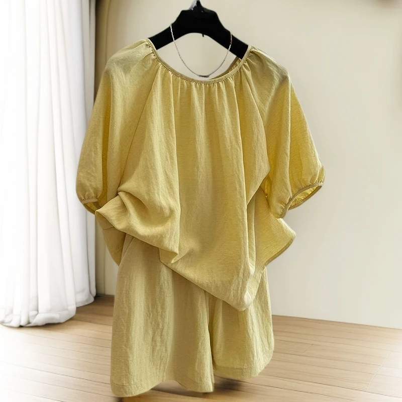 盐系轻奢百搭娃娃衫棉麻阔腿短裤两件套法式小众灯笼袖时尚套装女