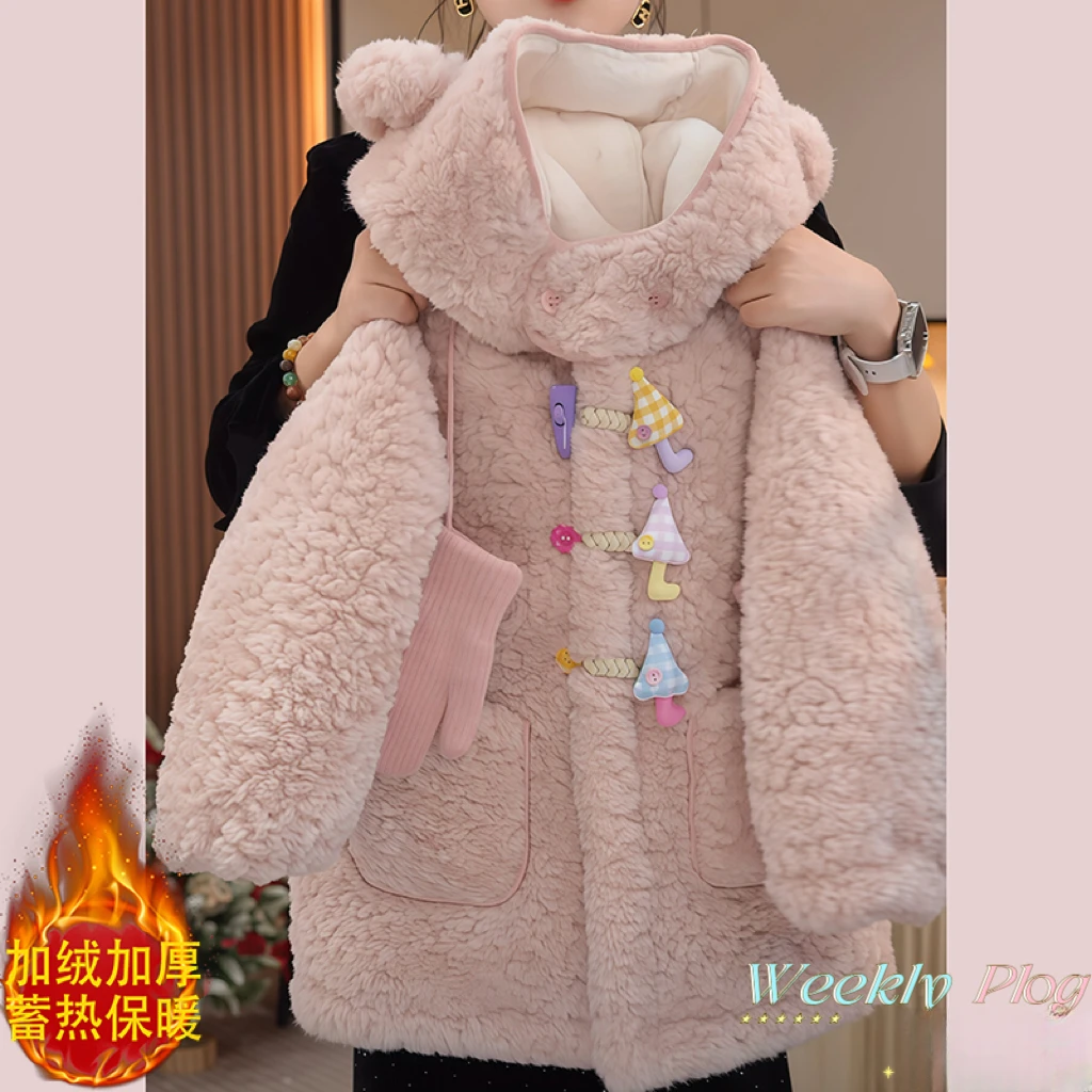 女童加绒外套秋冬2025新款加厚卡通一体绒中长款大衣保暖毛毛衣潮