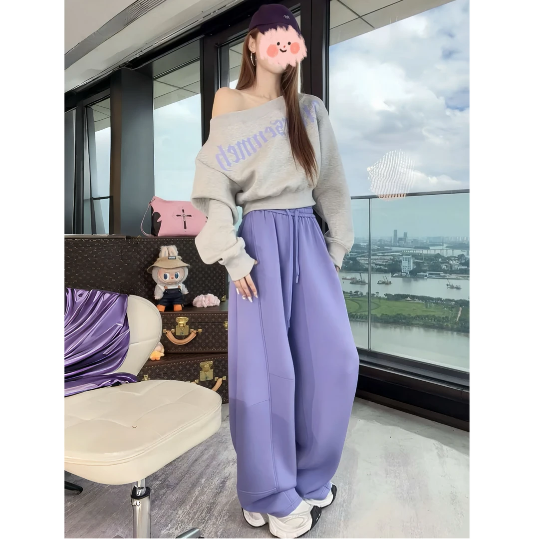 韩版时尚字母印花一字肩斜肩休闲卫衣秋季新款宽松舒适阔腿裤套装