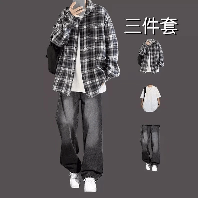 春秋港风格子衬衫男生套装潮牌休闲外套青少年穿搭三件套新款帅气