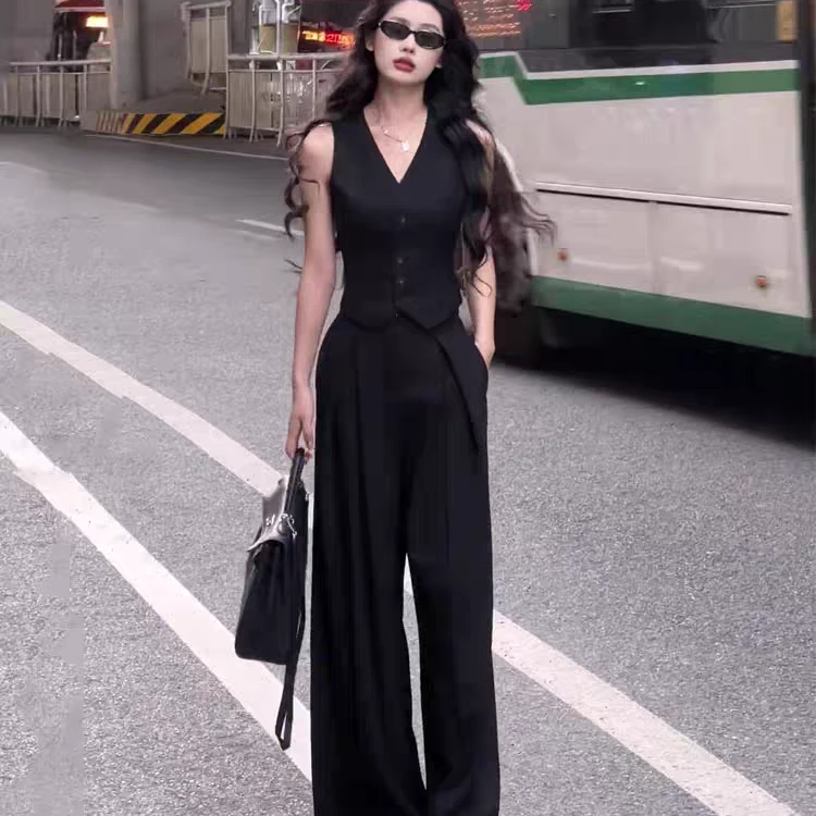 M118 炸街减龄洋气时尚套装夏辣妹显瘦遮肉马甲阔腿西装裤两件套