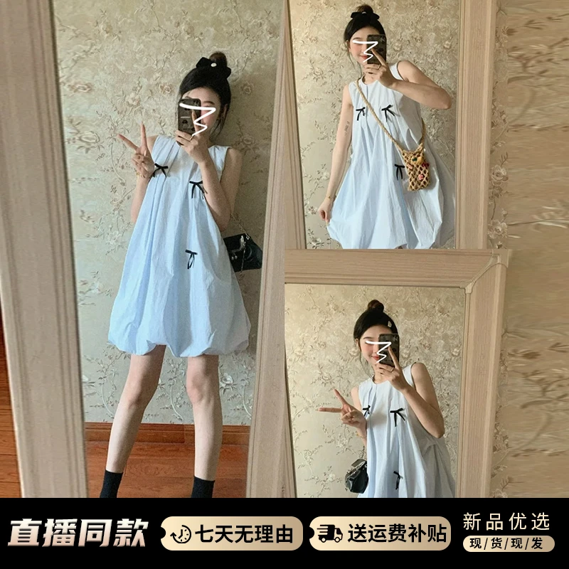 3635法式小个子高级无袖背心连衣裙子夏季新款蝴蝶结花苞短裙