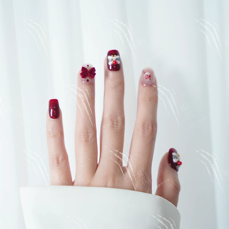 【浮雕招财】爆闪招财钱到家浮雕醒狮红丝绒蝴蝶结纯手工穿戴甲