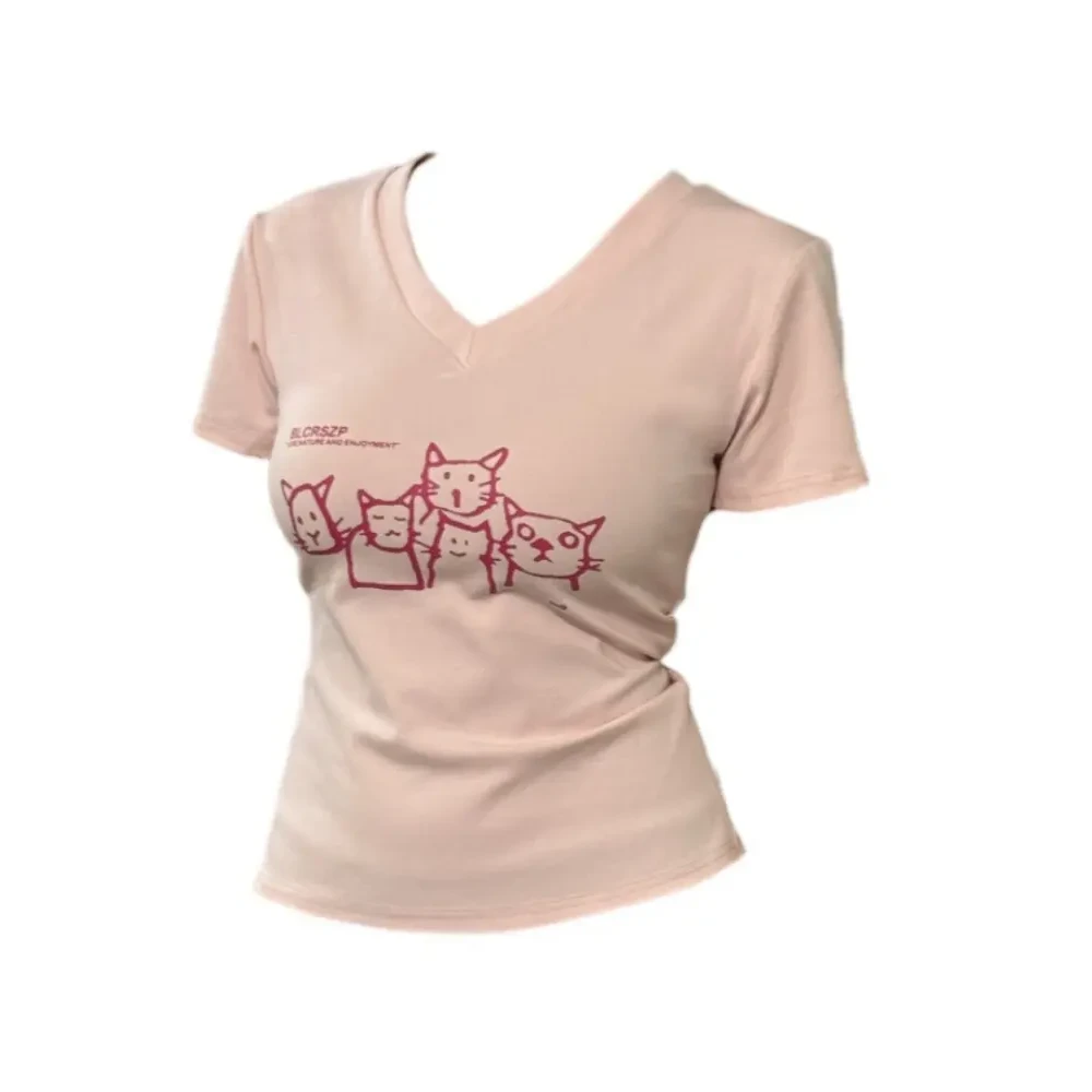 93%棉微胖mm美式复古小狗印花短袖T恤女夏季设计感修身显瘦上衣