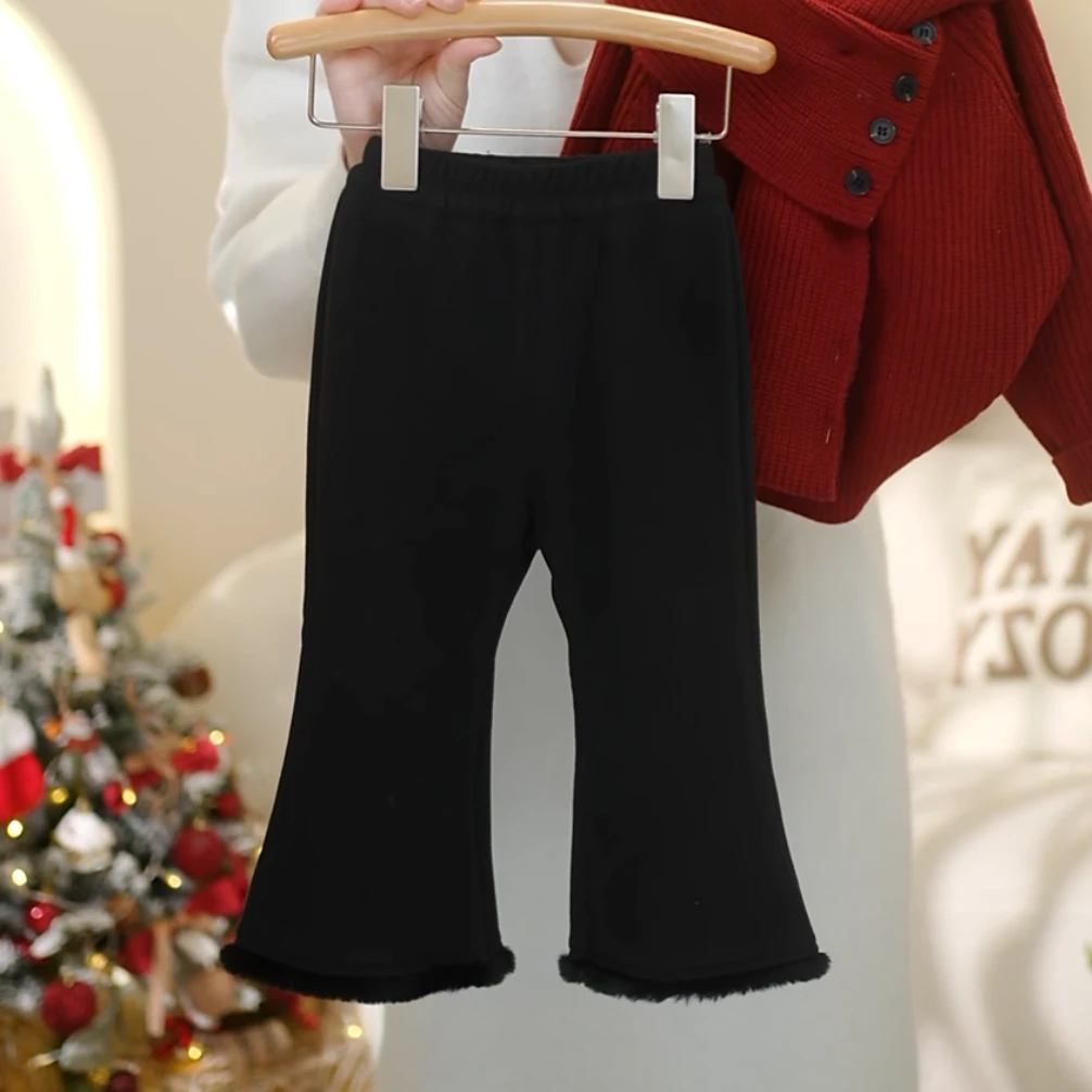 女童2024冬季新款洋气百搭加绒加厚拼接毛边喇叭裤C22249K