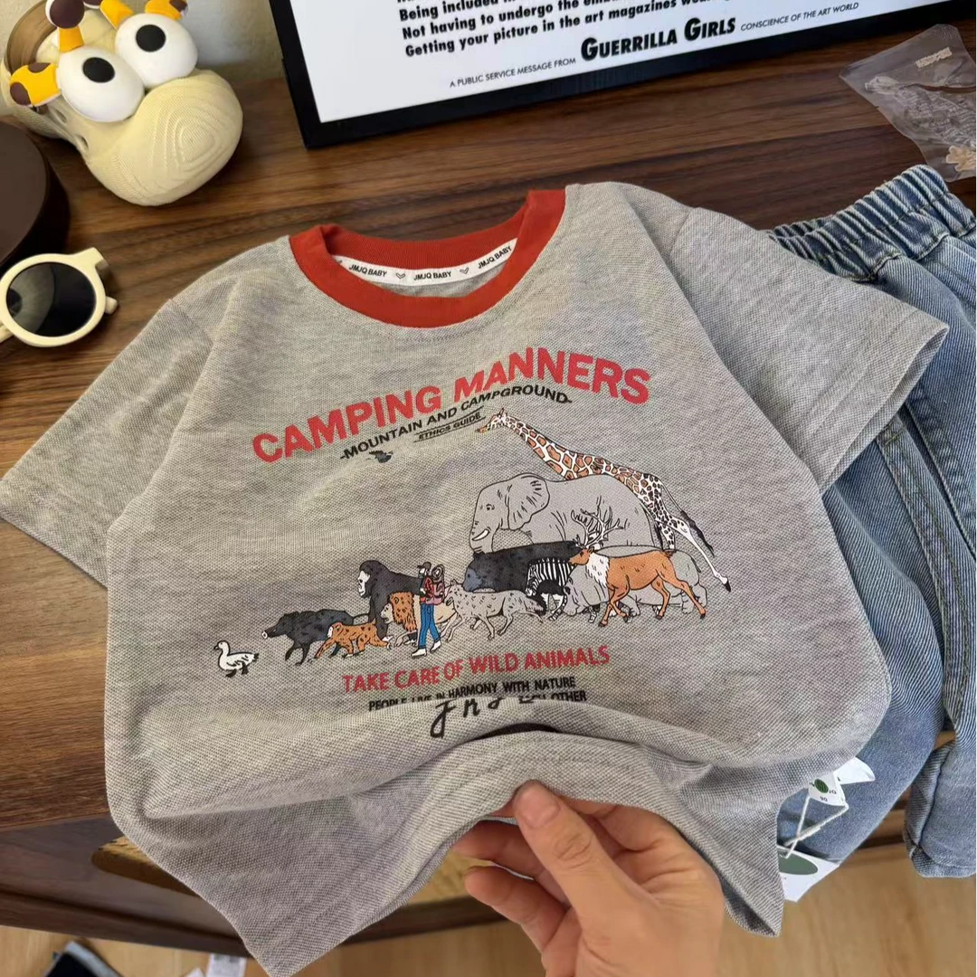 YM【JMJQ 25201】夏季灰色百搭满动物迁徙短袖时尚圆领休闲T恤