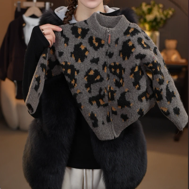 毛衣针织衫童装豹纹拉链衫春秋款