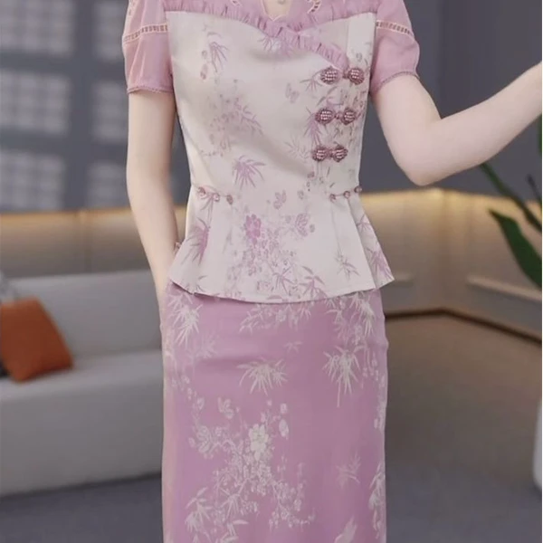 冰丝缎面料旗袍礼服裙女夏季2025新款气质修身显瘦上衣半身裙套装