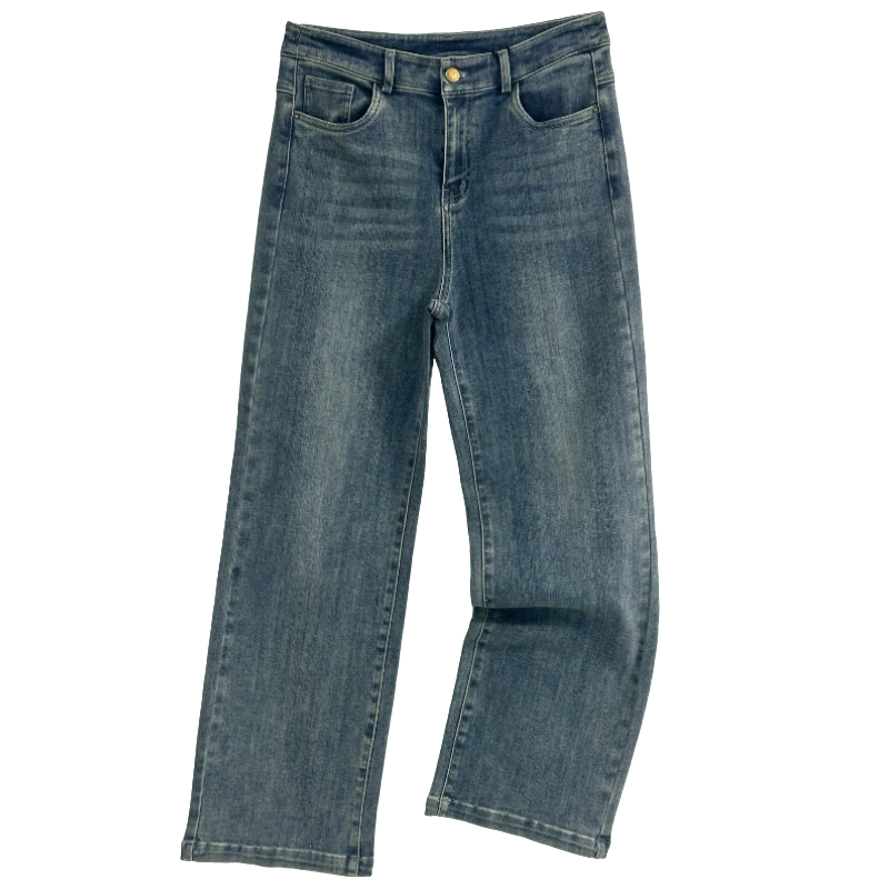 春夏爆款818再生纤维+棉牛仔窄版直筒裤蓝色显瘦高腰休闲百搭