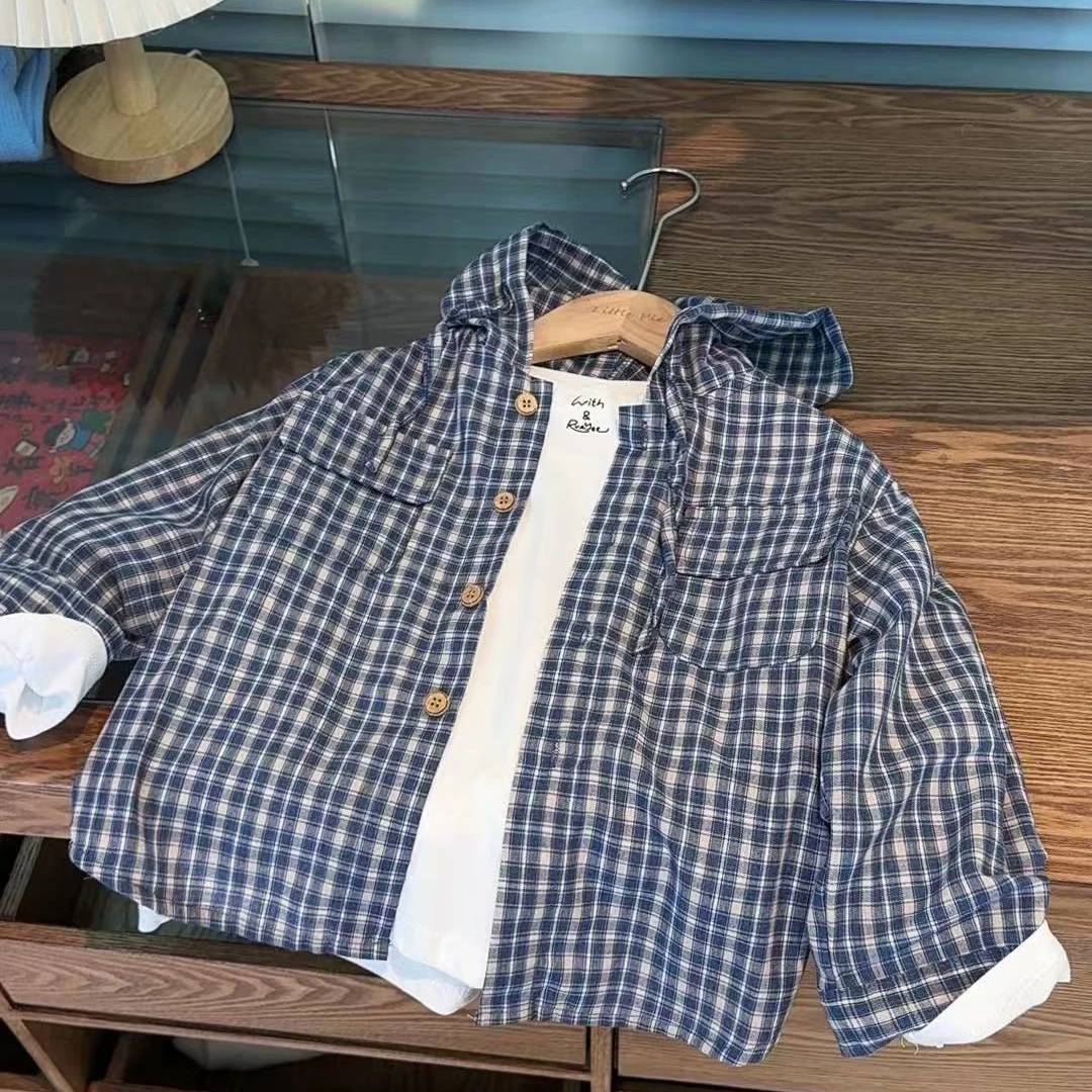 现现 儿童衬衫2025春季新品男女童连帽格子衬衣宝宝韩系衬衫外套