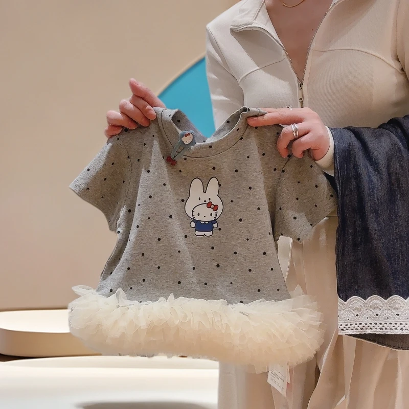 【可爱小兔】夏季新款波点蕾丝短袖女童宝宝上衣T恤洋气时尚凸凸裙