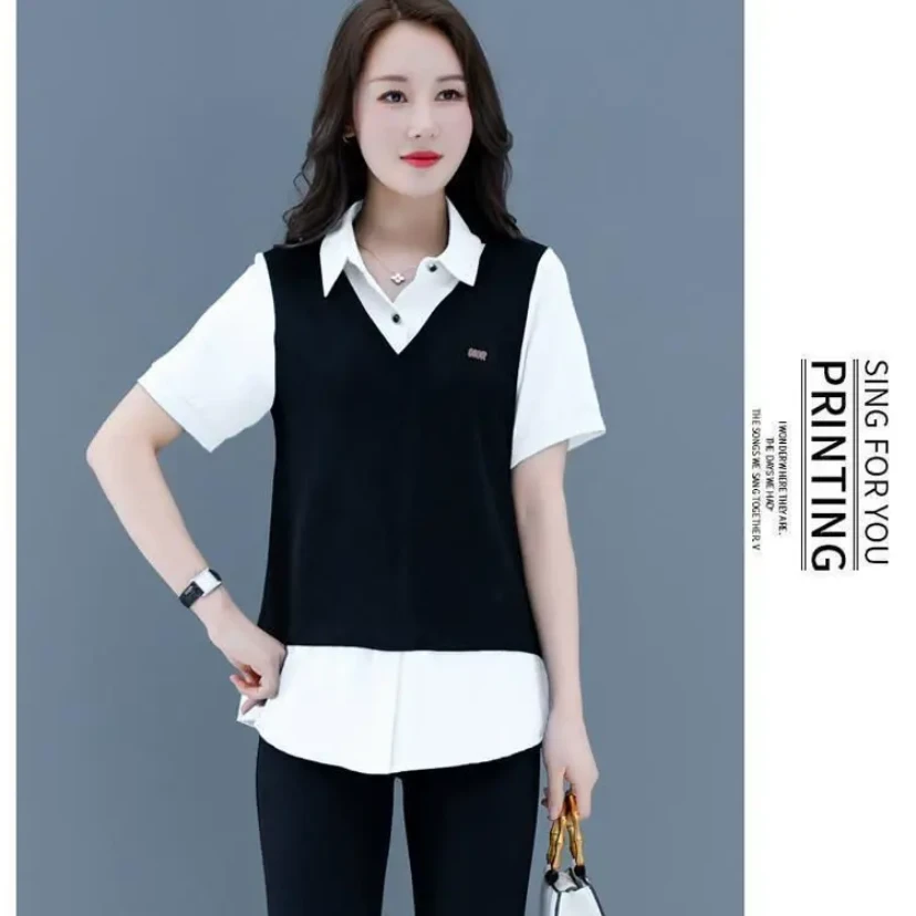 【诺哥专属】早秋时尚百搭v领气质假两件上衣7921