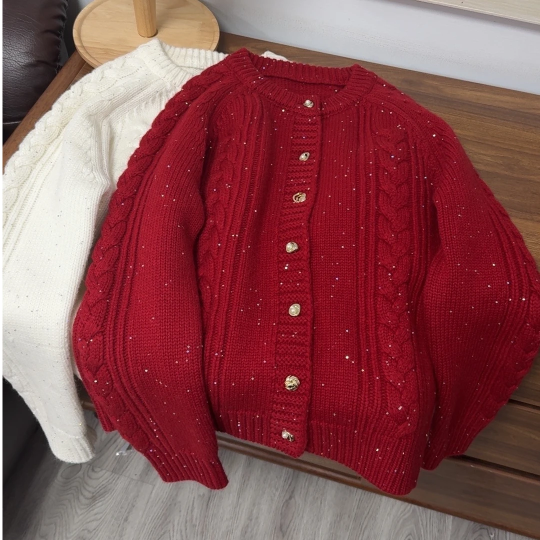 【原歌】2024年冬季新款100羊毛720克珠片开衫毛衣YG438