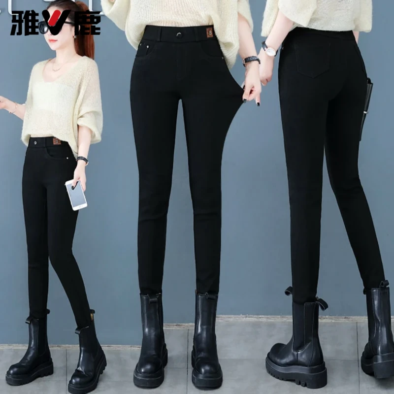 雅鹿加绒加厚松紧腰休闲小脚打底裤秋冬2025新款时尚铅笔裤