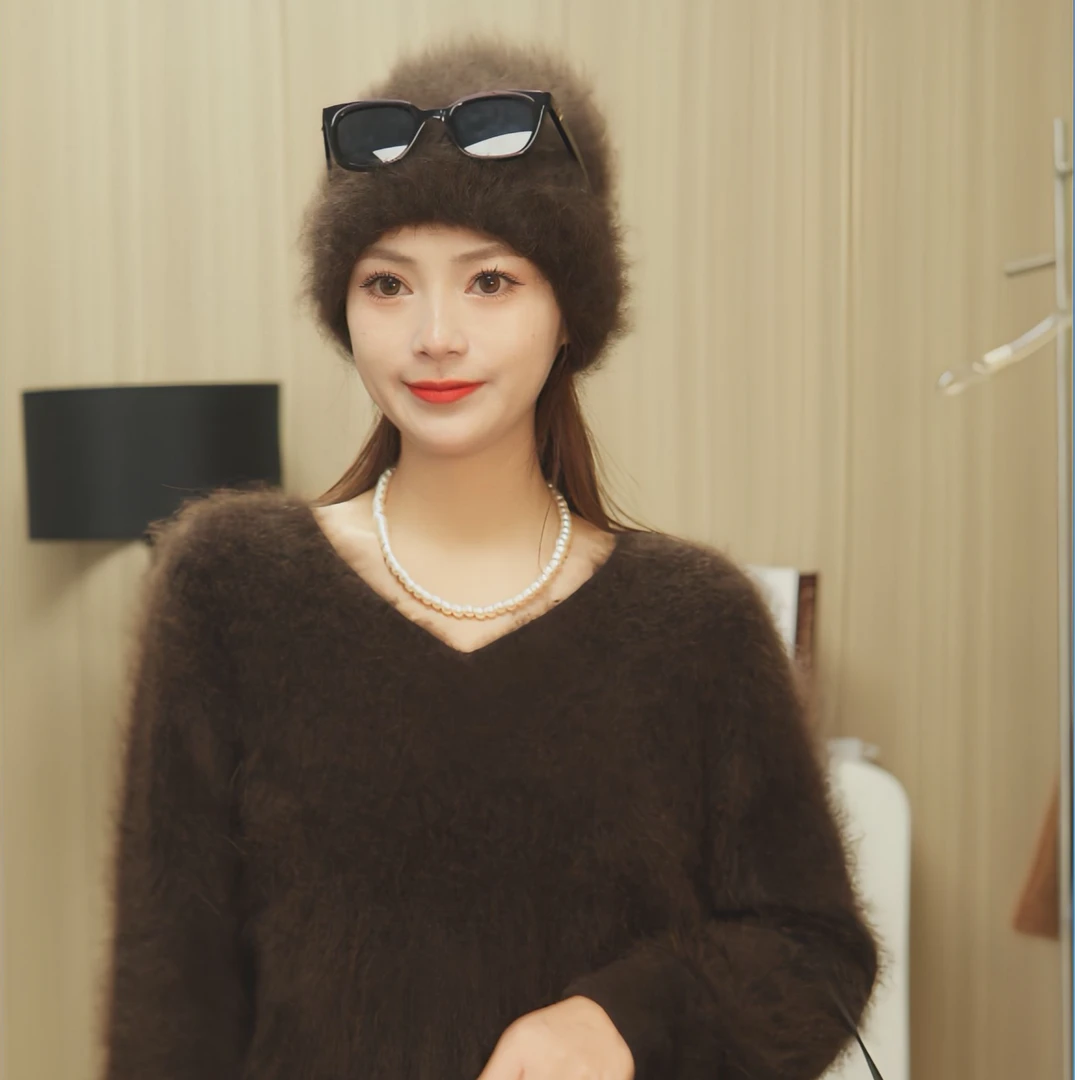 秋冬新款100%山羊绒拉绒岛精无缝一体成衣百搭简约宽松V领套衫