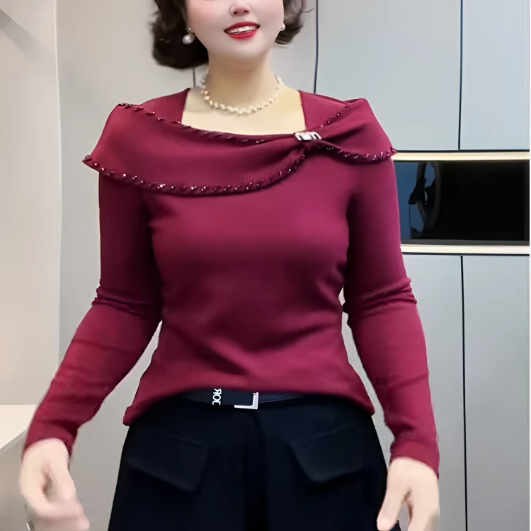 24秋季新款时尚气质钉珠蝴蝶结方领长袖上衣显瘦百搭洋气女士小衫