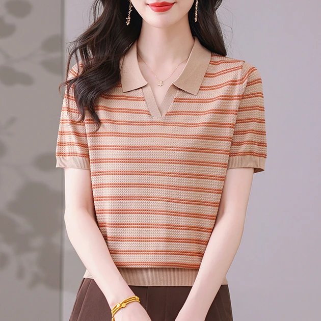【天丝】条纹镂空翻领小衫2025新款夏薄款爆款短袖女宽松显瘦妈妈装