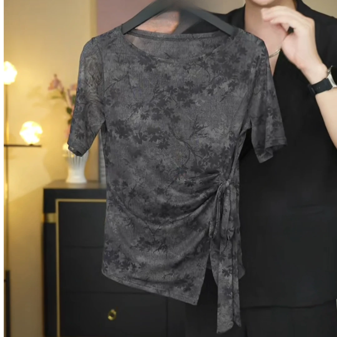 【墨枝绕带】夏季显瘦百搭上衣高级感碎花绑带蝴蝶结短袖网纱T恤女