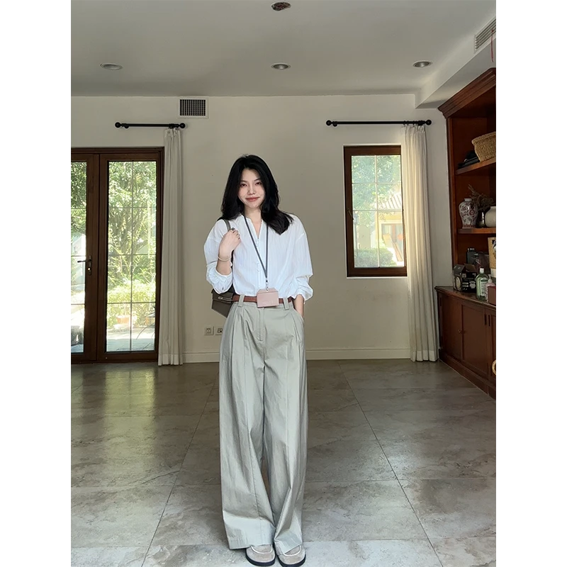 郭九九呢 100%棉V领简约长袖衬衫休闲直筒阔腿长裤 G925A13941-1
