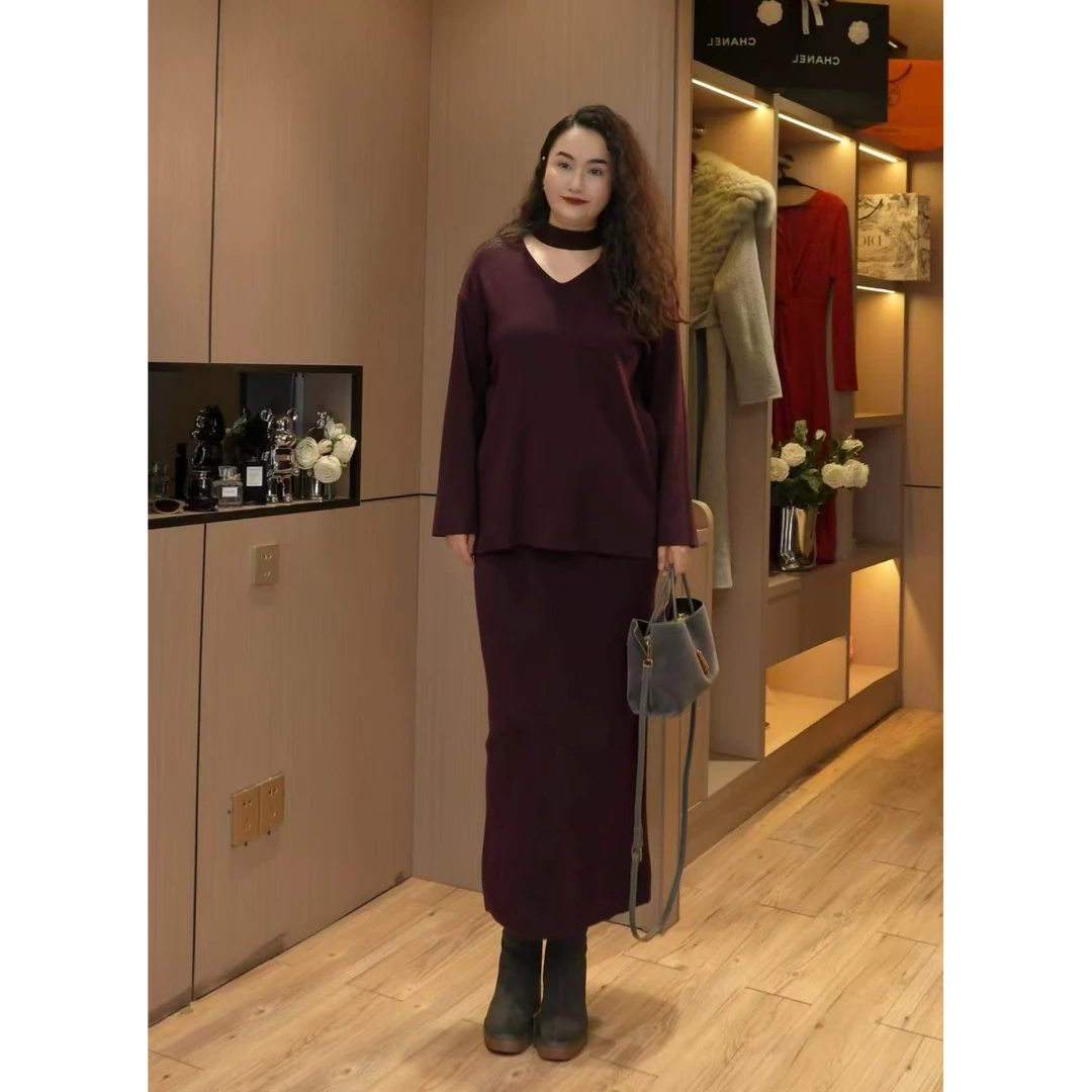 复古慵懒风挂脖针织毛衣上衣+半身裙两件套