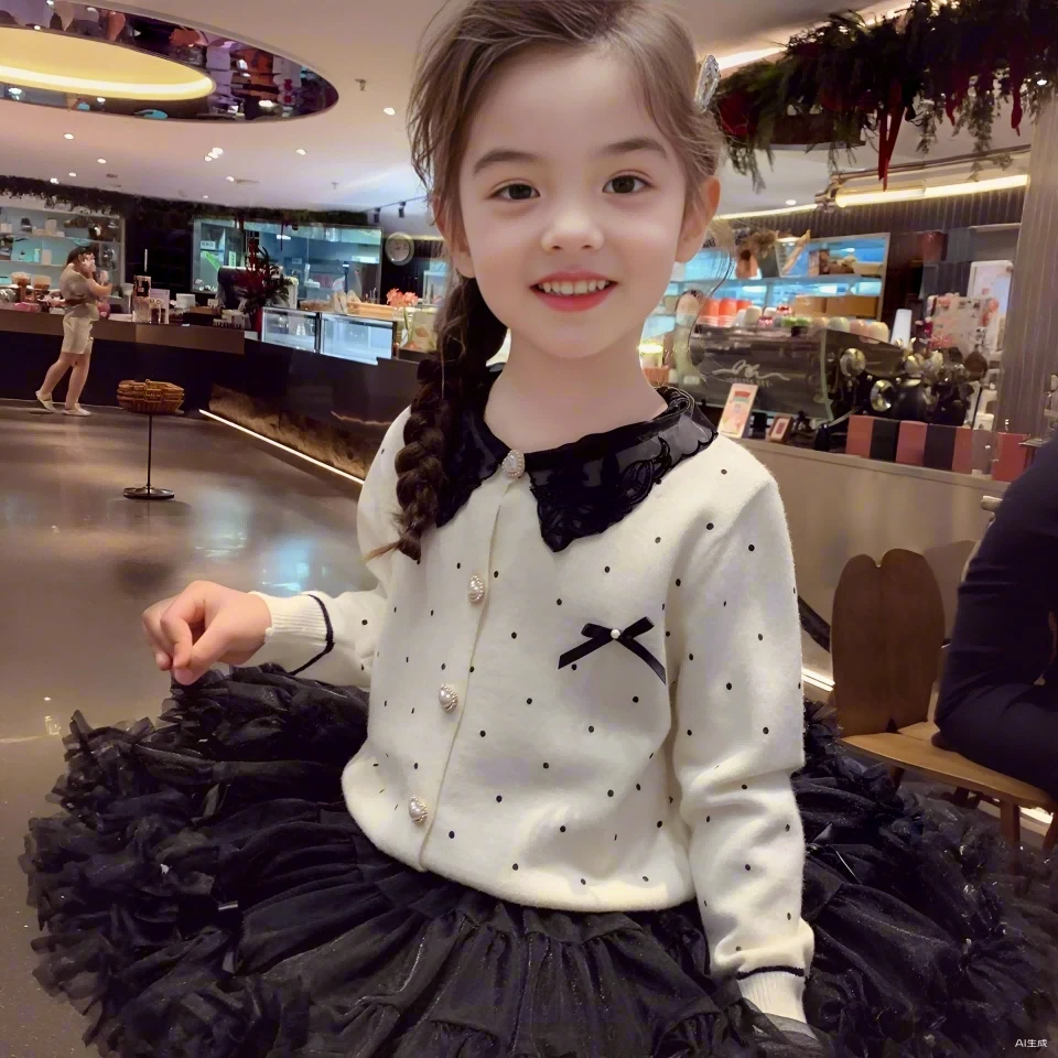 【亲子装】女童针织毛衣春季2025新款洋气儿童法式波点薄开衫外套