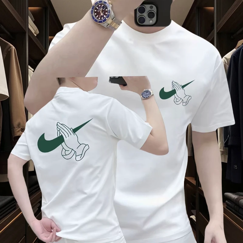 2025夏季新款男纯棉短袖t恤圆领印花休闲百搭男士宽松白色半袖T恤