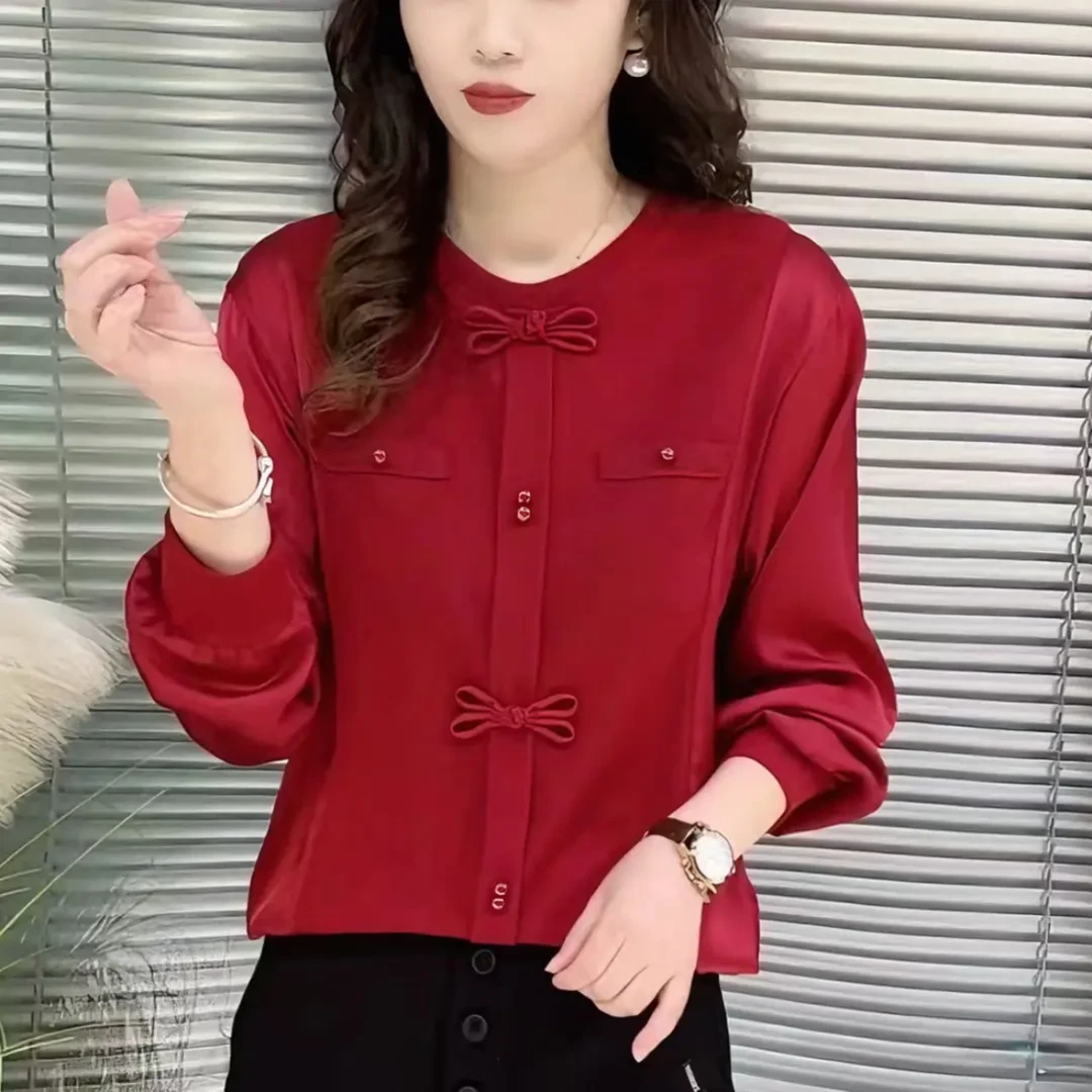 春季新款时尚拼接蝴蝶结上衣女气质百搭洋气遮肉圆领薄款纯色小衫