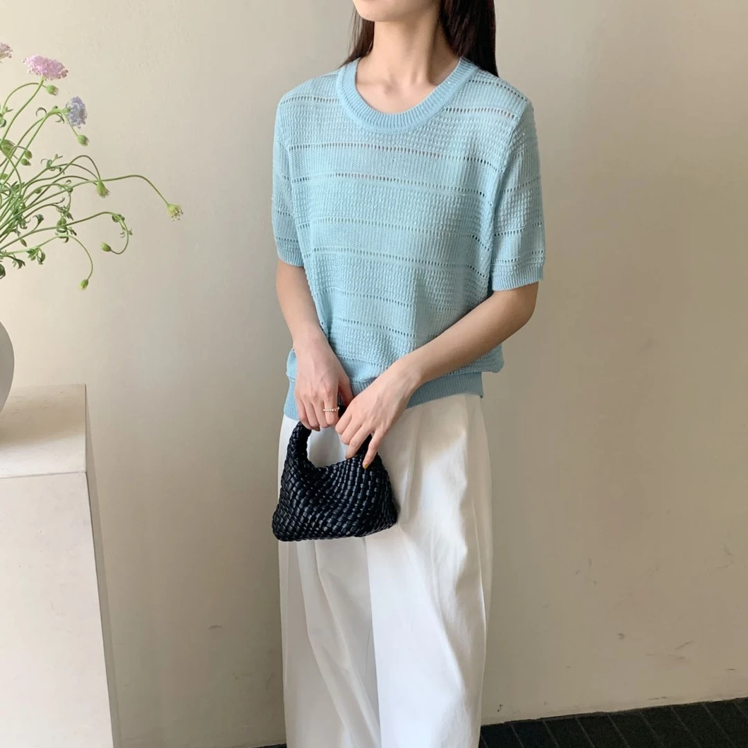 【素简.960181】春款上新星点亚麻挑洞女装混纺针织衫（5.15福利）