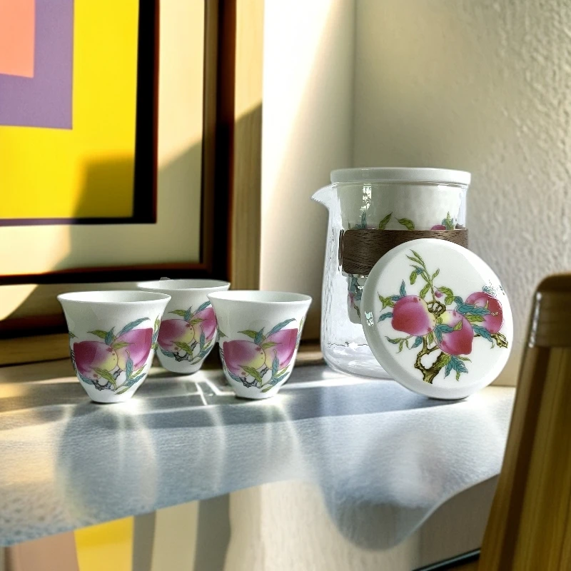 一鹿平安玻璃桃子大号高档旅行茶具功夫茶具套装户外随身家用泡茶