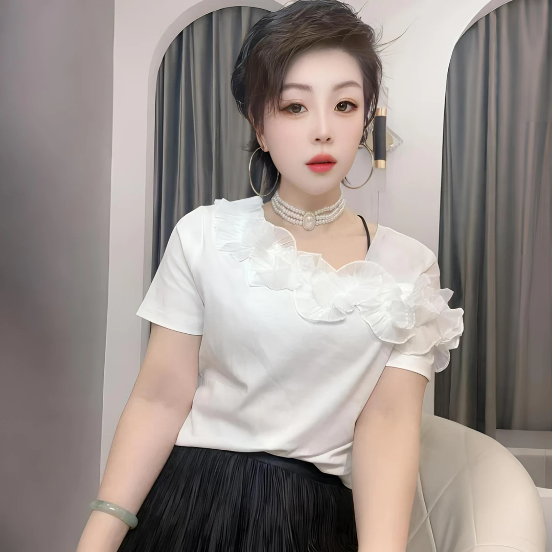 【依尚精选】欧货现货短袖法式宽松T恤百搭女士蕾丝拼接半袖修身