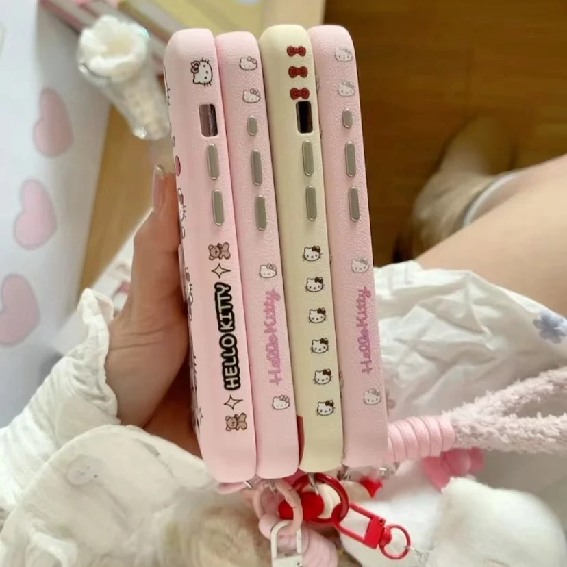 闺蜜款少女心kt猫适用苹果16promax手机壳iPhone15皮纹14手绳13
