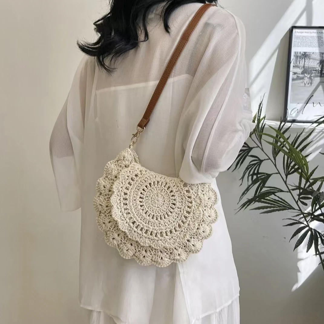 少女花边斜跨棉线编织包镂空单肩包包度假风沙滩包