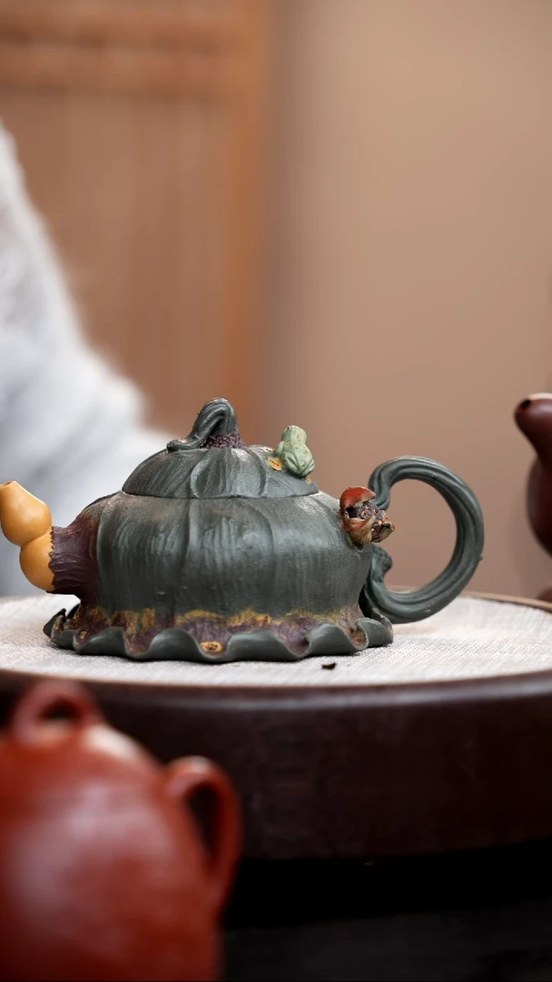 【闪购商品】紫砂茶壶端绿泥三色荷叶莲藕壶听荷