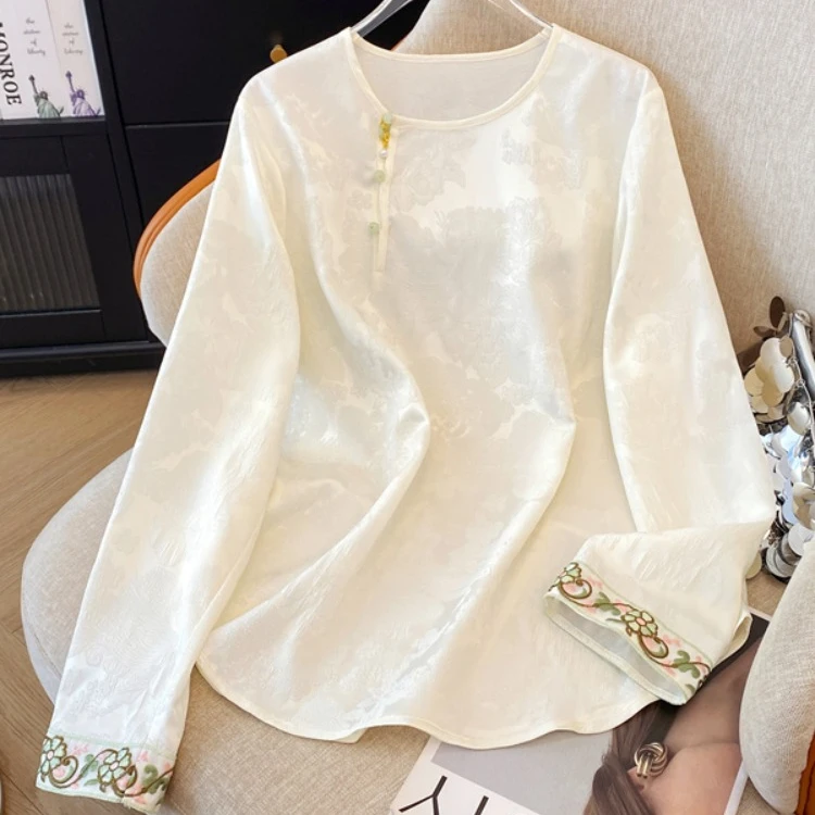 新中式国风提花长袖衬衫女冬季款高级感缎面打底衫宽松遮肚子上衣