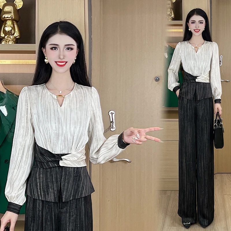 2025春夏新款长袖衬衣法式独特气质小衫套装上衣+裤子#DY159