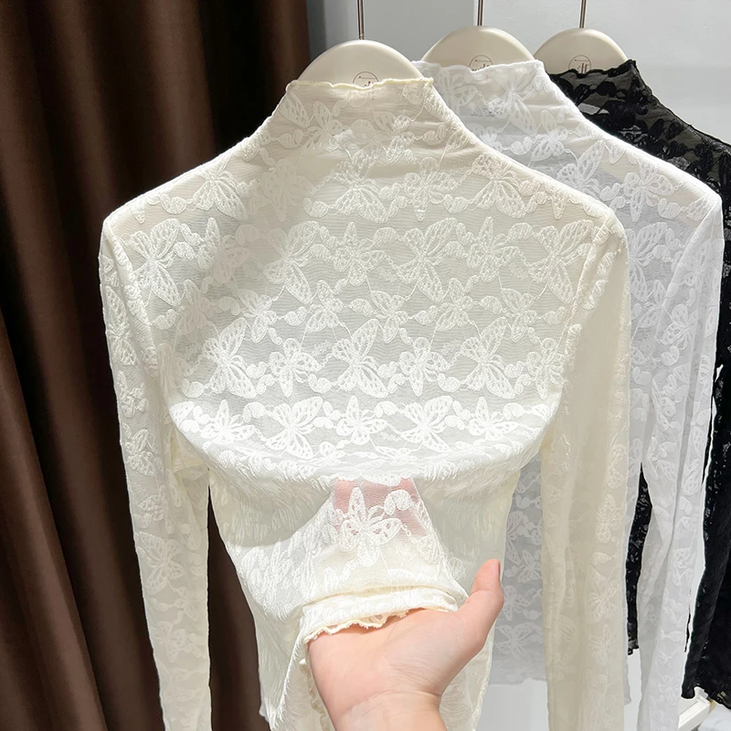 法式杏色绝美内搭显瘦上衣2025秋季新款蝴蝶结提花镂空设计感小衫