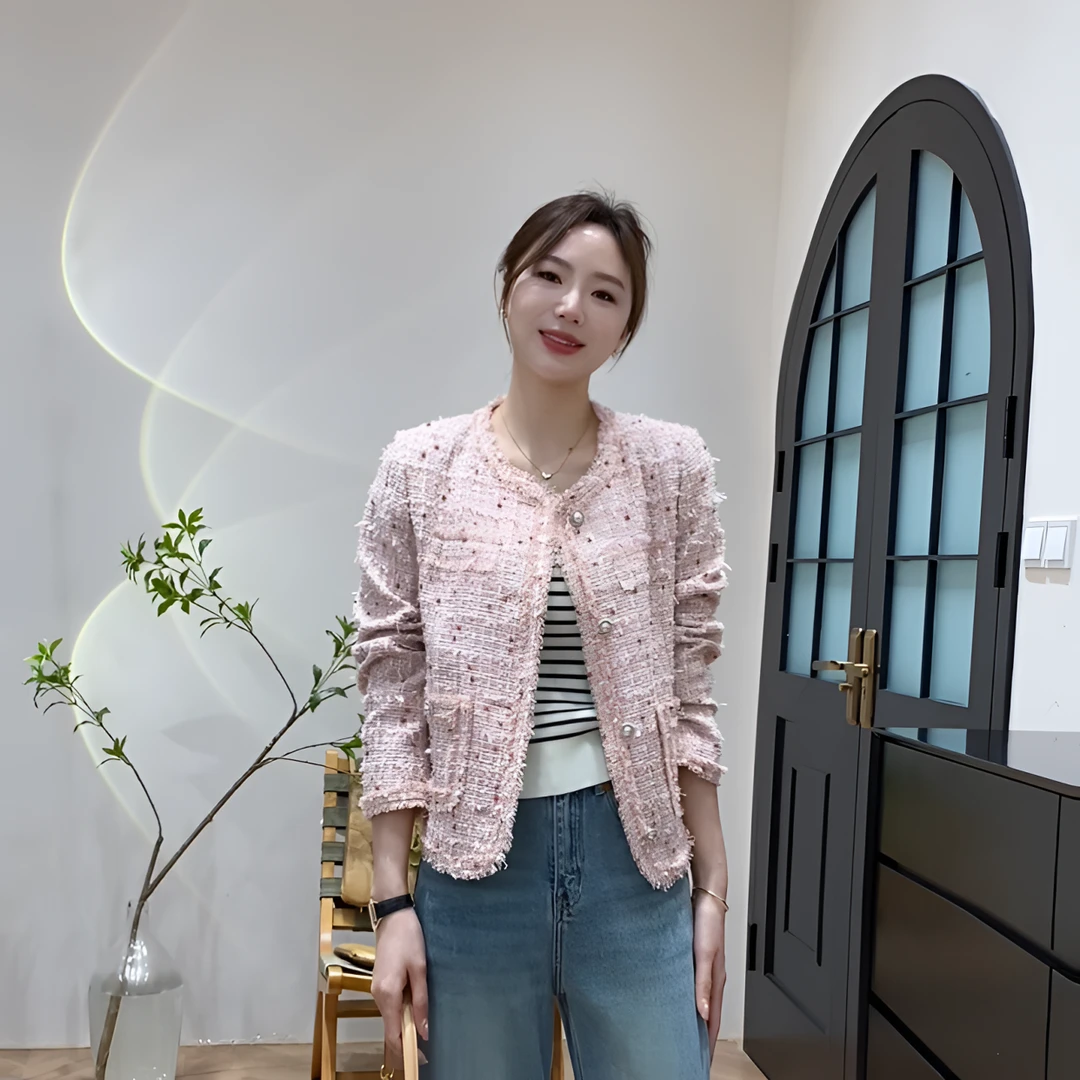 【YHH】春季时尚气质甜美粗花呢拉毛小香风短款外套-YHW4259