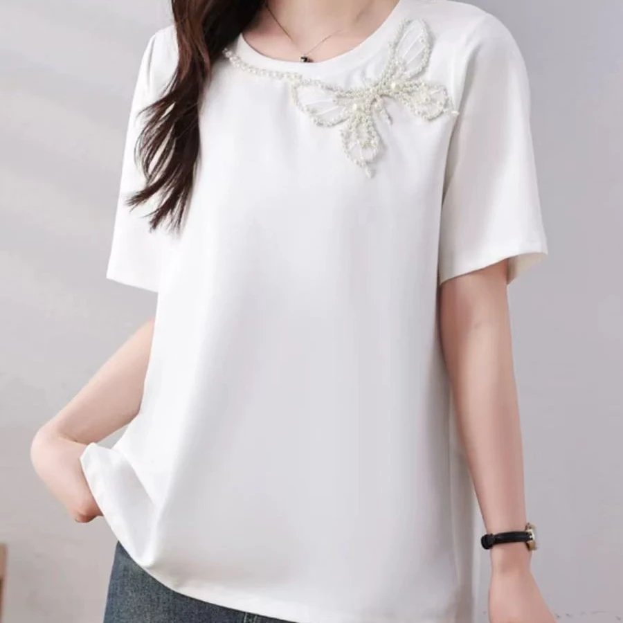 时尚洋气钉珠蝴蝶结短袖（0893）百搭宽松潮流夏季圆领重工