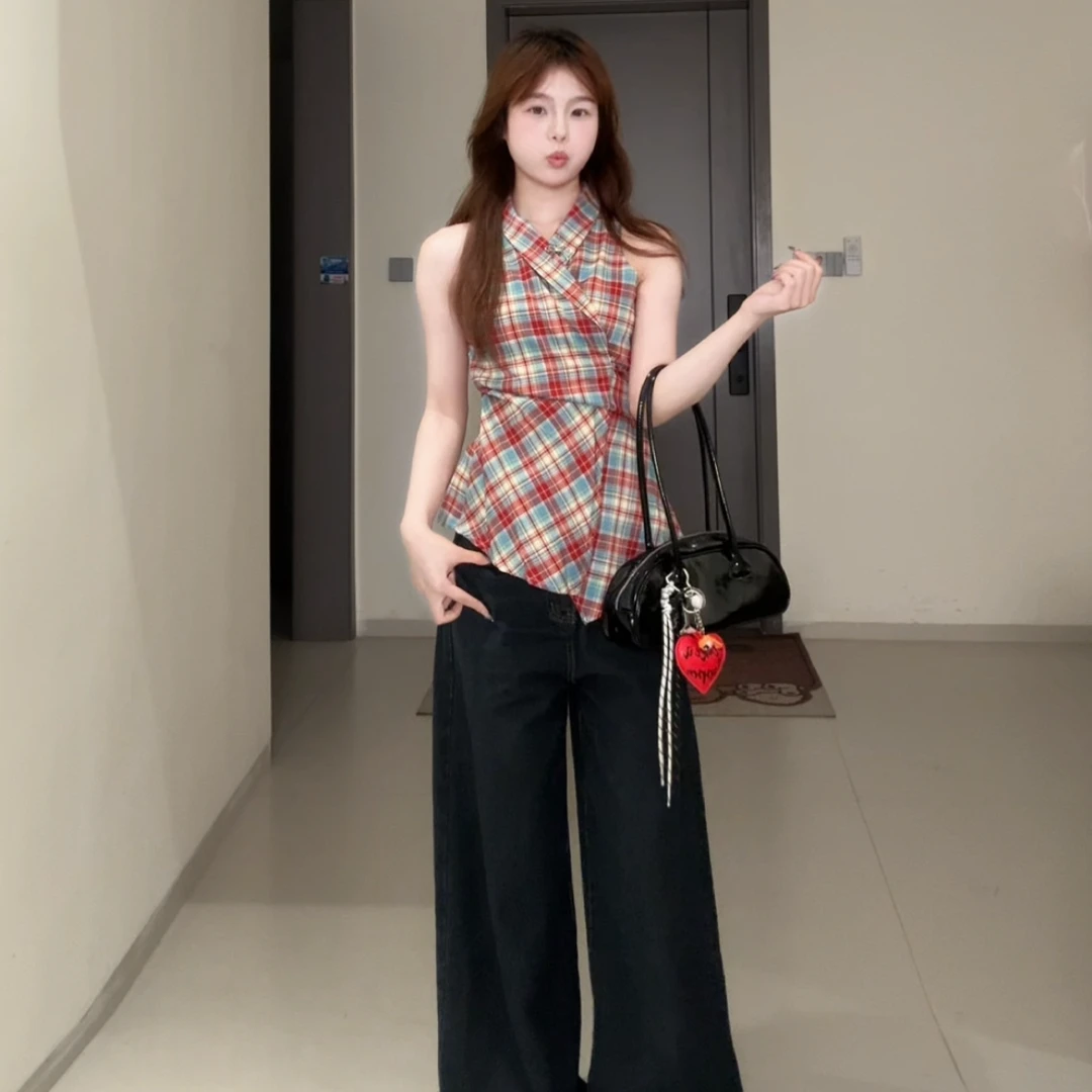 设计感V领绑带无袖吊带背心女夏季2025新款格纹洋气显瘦修身上衣