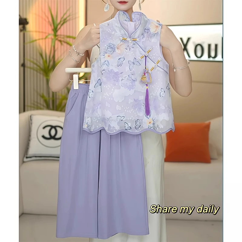 女童新中式套装2025夏季女宝汉服国风无袖盘扣阔腿裤古风九分裙裤