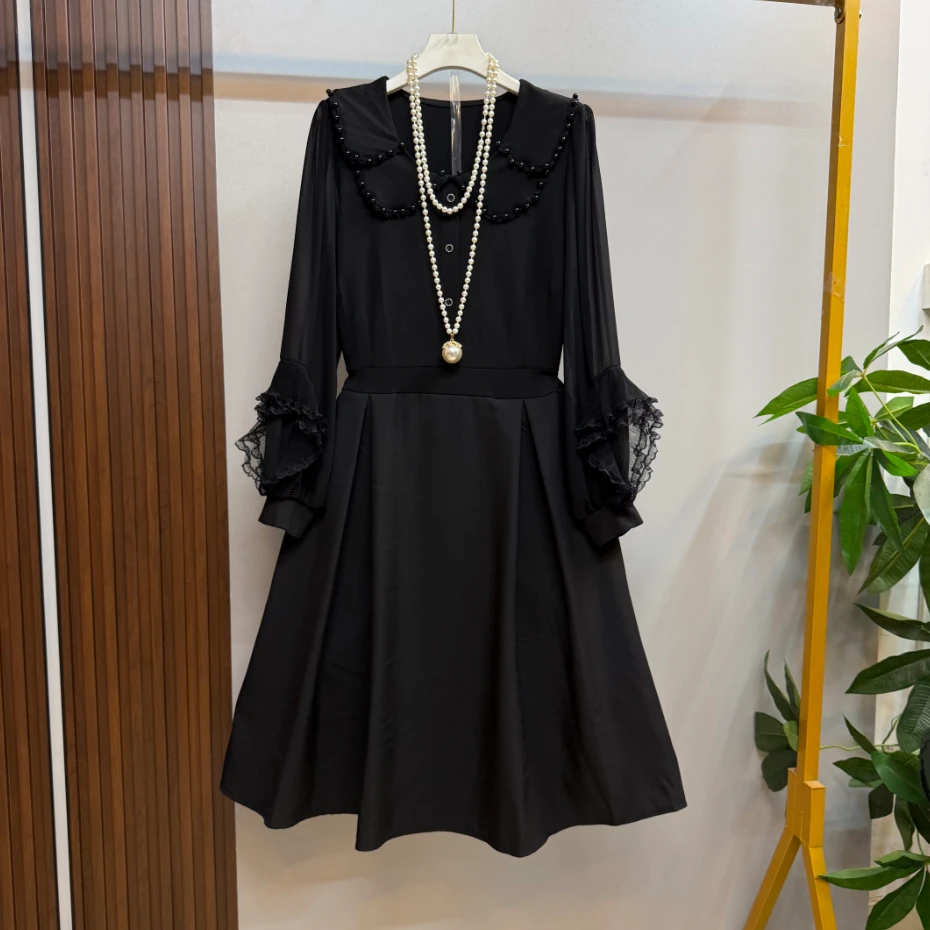 新款大码女装时尚洋气双层娃娃领纯色显瘦高级气质大小姐风连衣裙