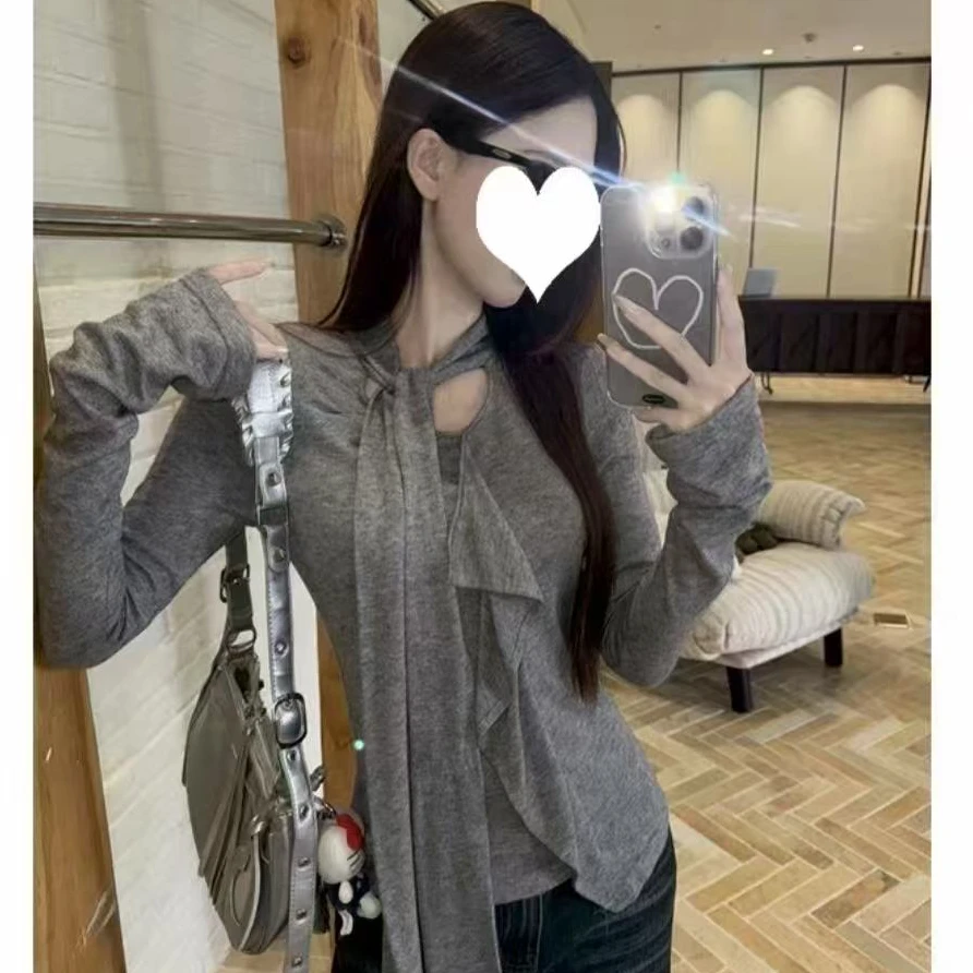 婷婷家休闲荷叶边长袖T恤女2025新款秋季遮肉显瘦上衣