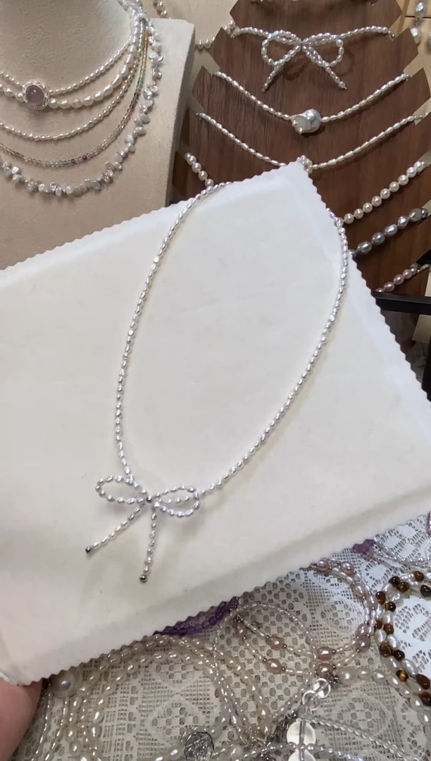 银S925镶嵌淡水珍珠耳饰蝴蝶结珍珠项链