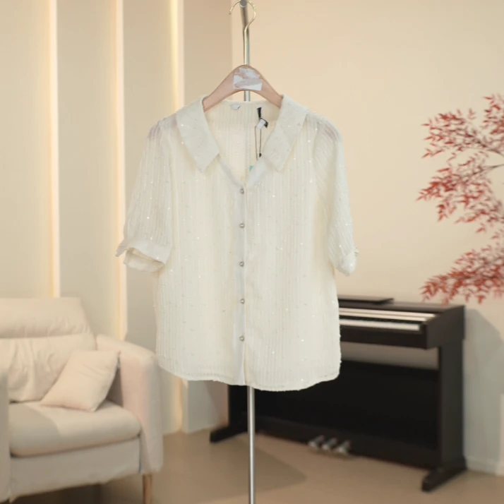 G774 时尚亮片抓绒设计短袖衬衫女 3Q12