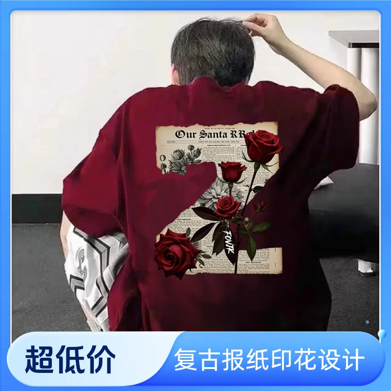 100%纯棉重磅美式国潮美式玫瑰印花短袖T恤2025夏季男女同款上衣