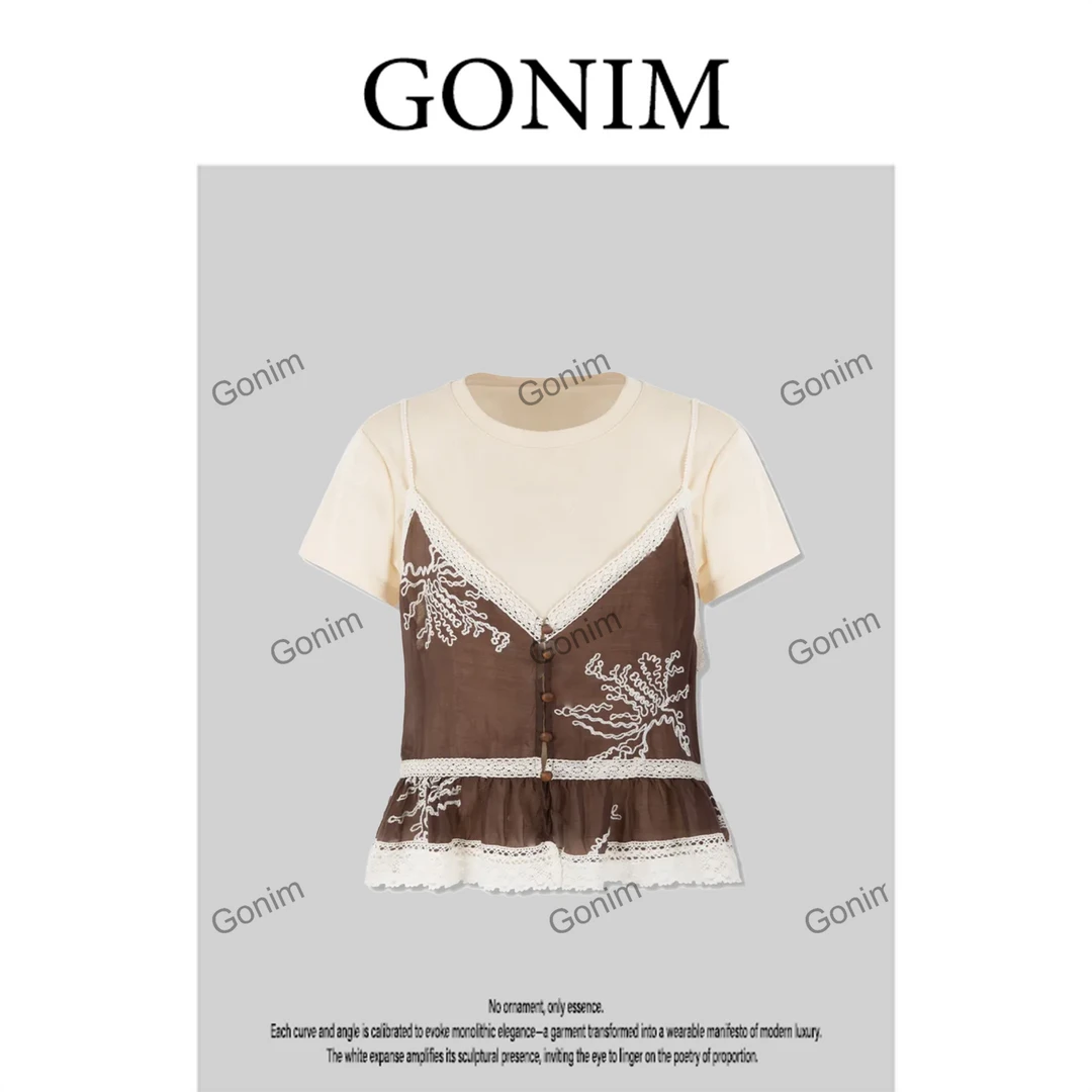 Gonim·"夏日微醺"2025夏季设计师蕾丝拼接两件套百搭T恤上衣女